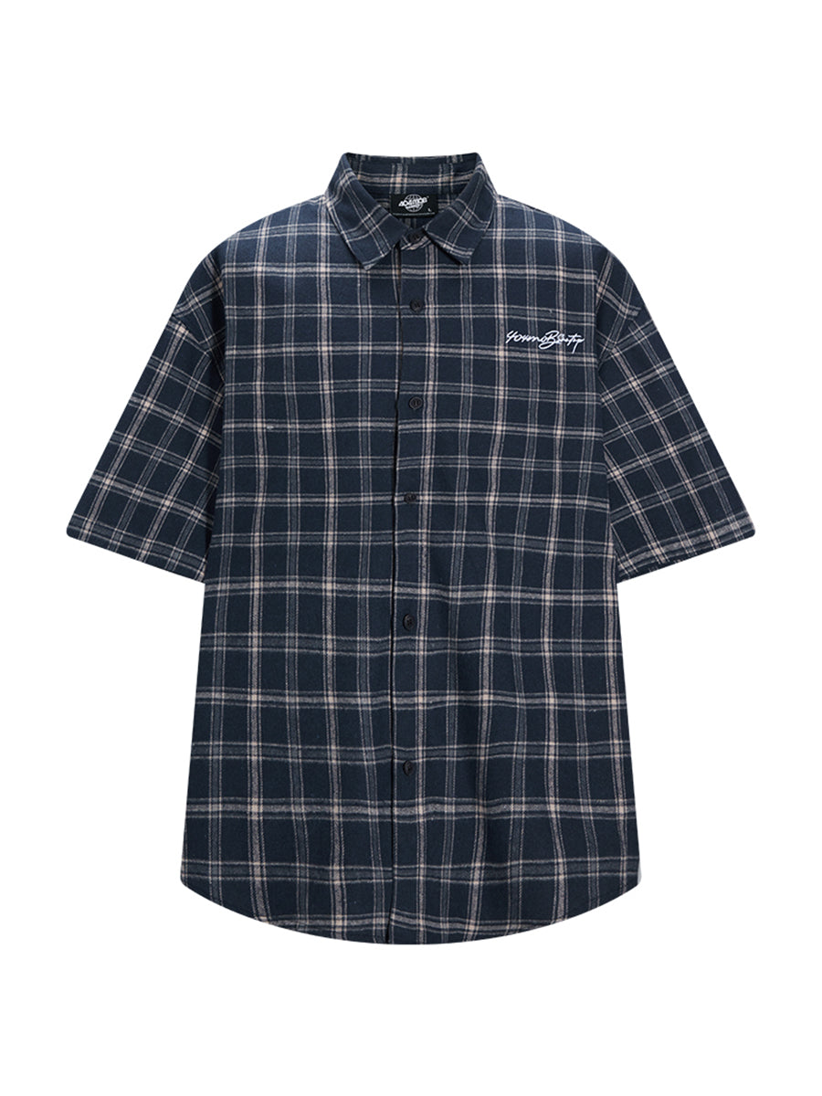 404MOB contrasting color polished embroidery short-sleeved plaid shirt