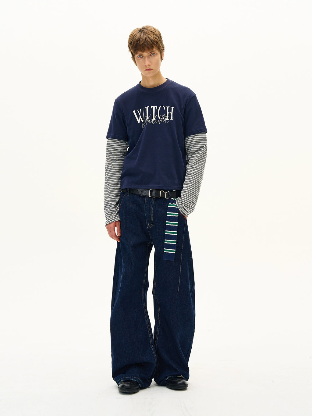 MADWITCH Striped Fake Two Piece Print Long Sleeve