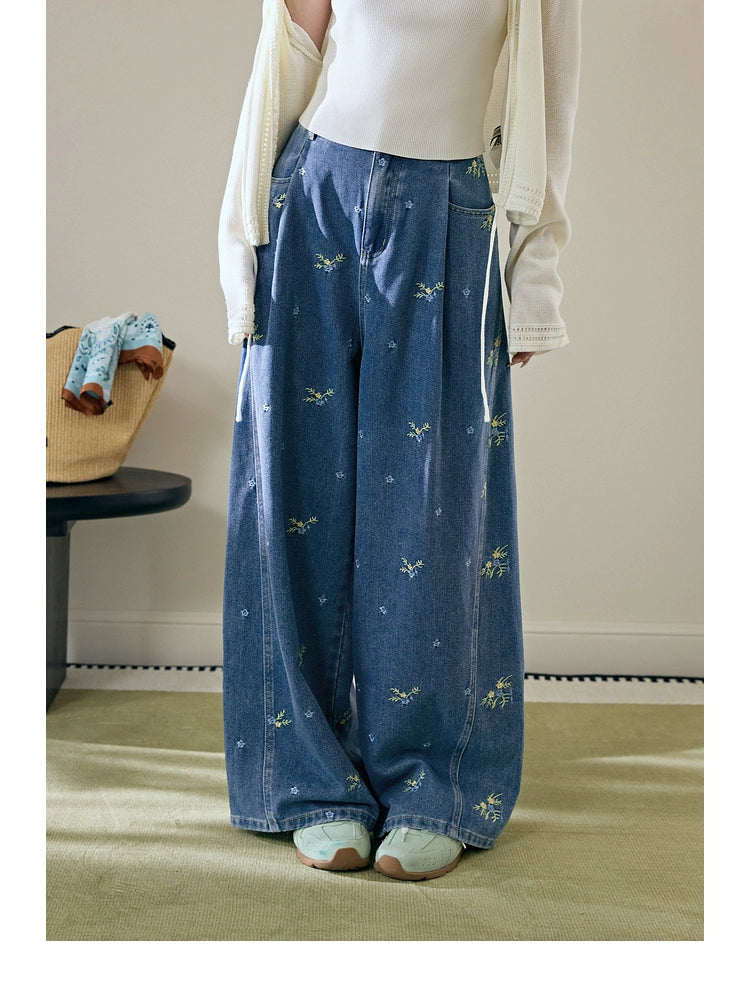 Kuose Embroidered Floral Wide-leg Jeans