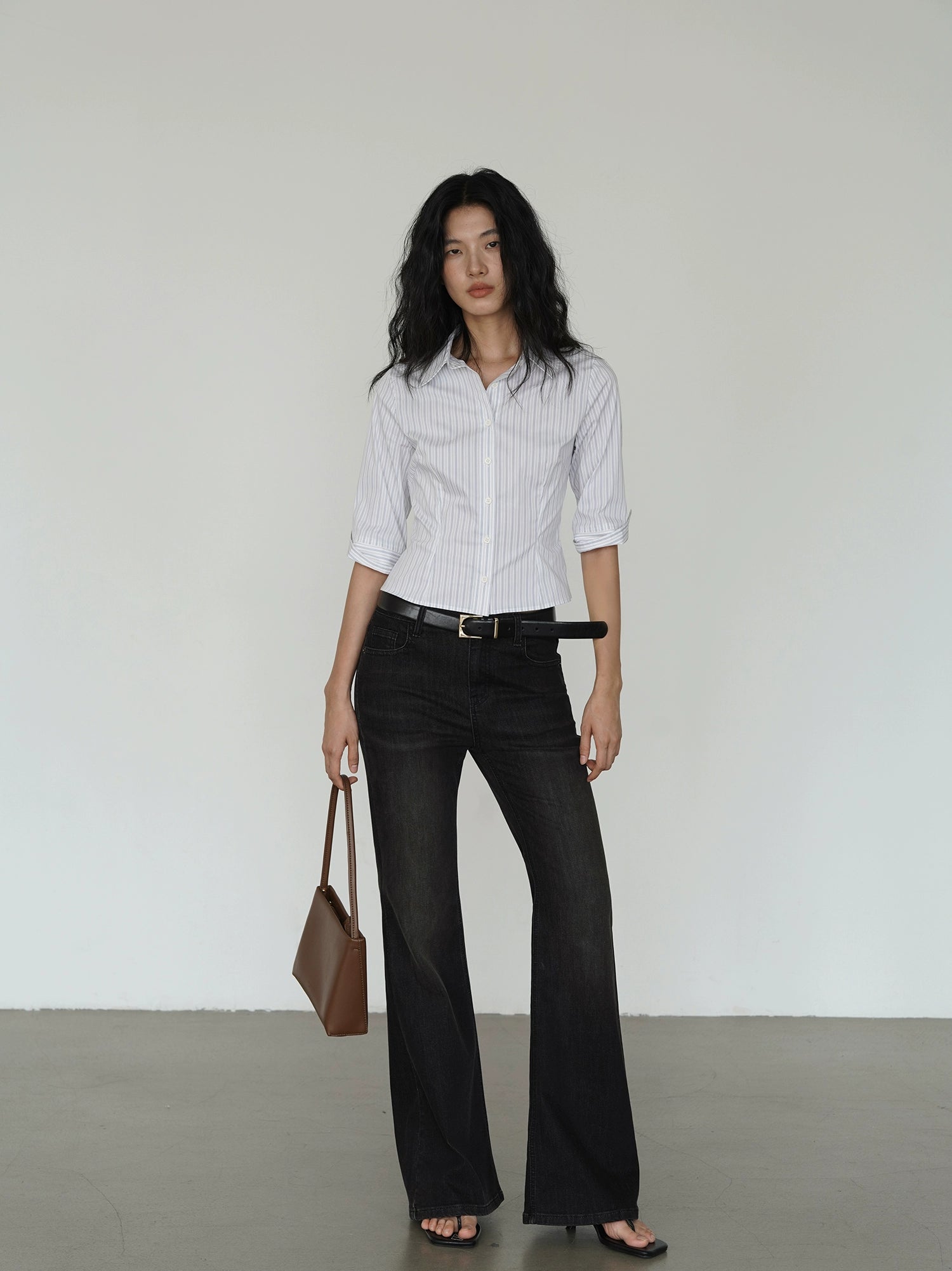 EIGHTHMONTH Striped Waist Mid-sleeved Shirt