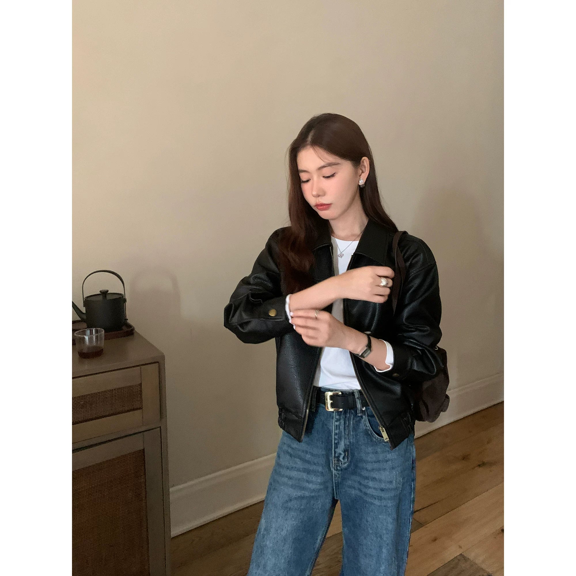 Pusumede Vintage Premium Loose Short Leather Jacket