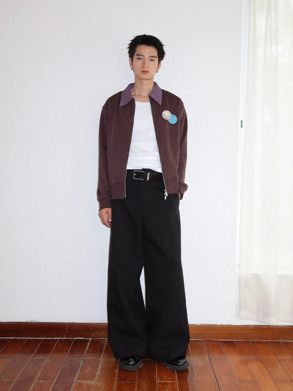 FUNKYFUN Contrasting Striped Spliced Lapel Loose Sweater Jacket