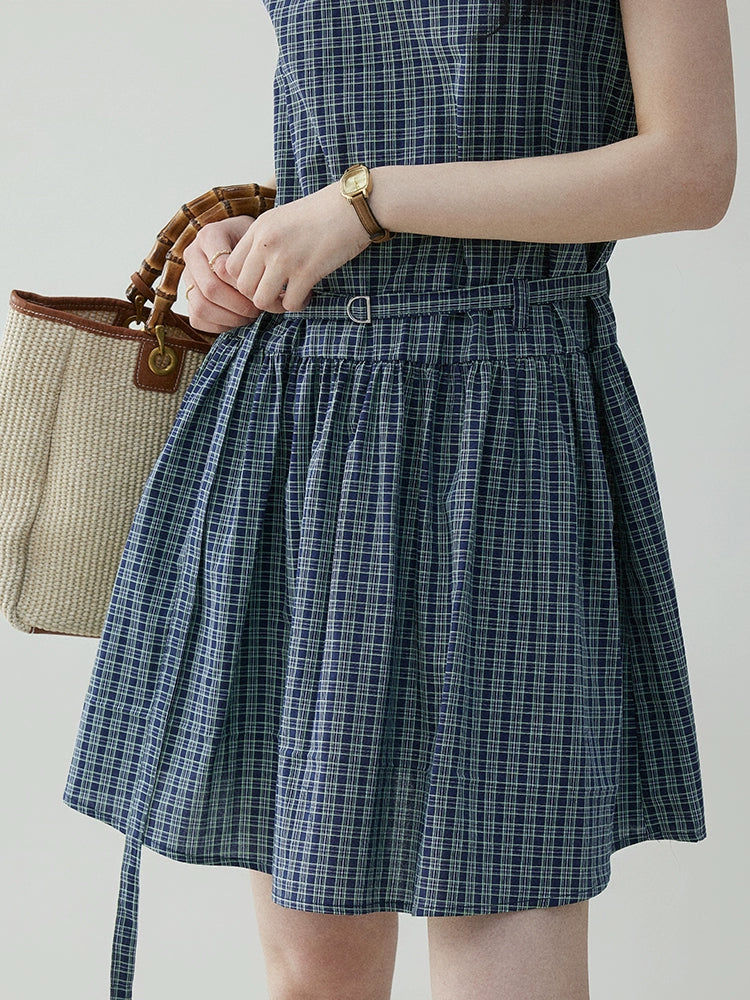 VOOE Retro Contrasting Plaid Waist Strap Dress
