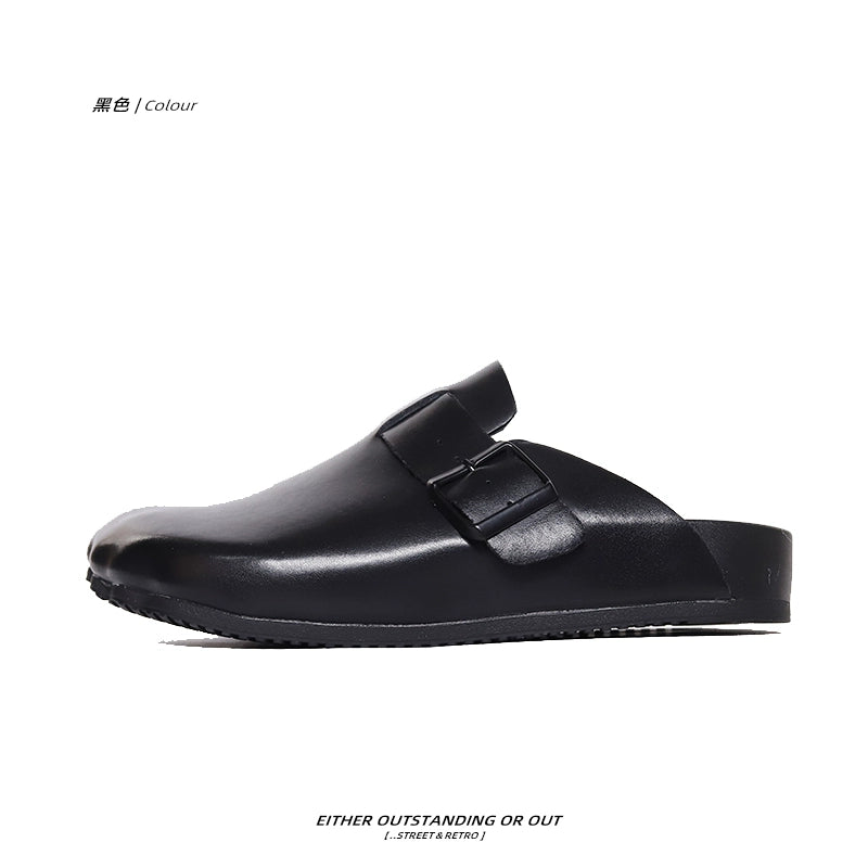 SHENLV Studio Genuine Leather Half-drag Black Head Leather Slippers