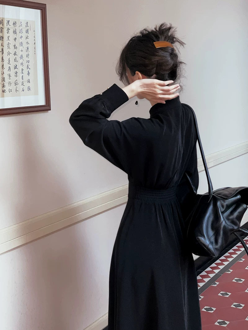 KELIFAN Retro Stand-up Neck Long-sleeved Dress