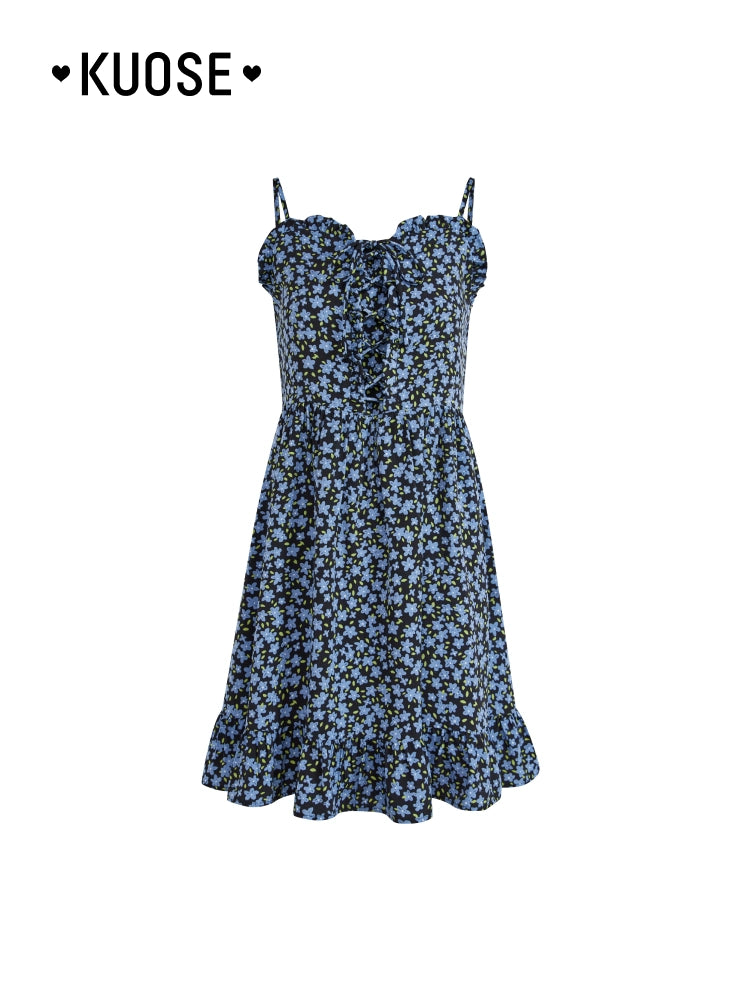 Kuose Floral Suspender Skirt Blue Two-piece Set
