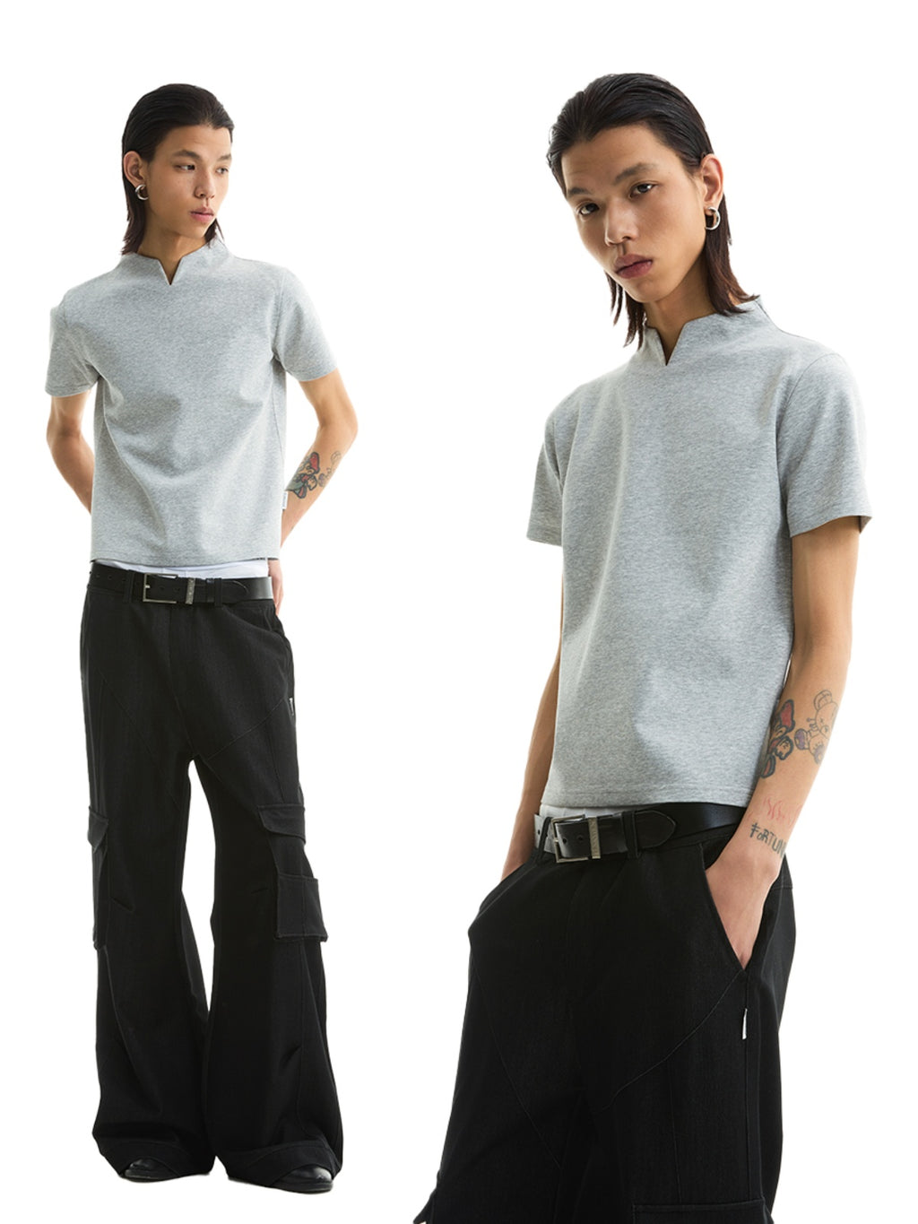 FUNKYFUN V-neck Small Stand-up Collar Space Cotton Slim-fit Tee