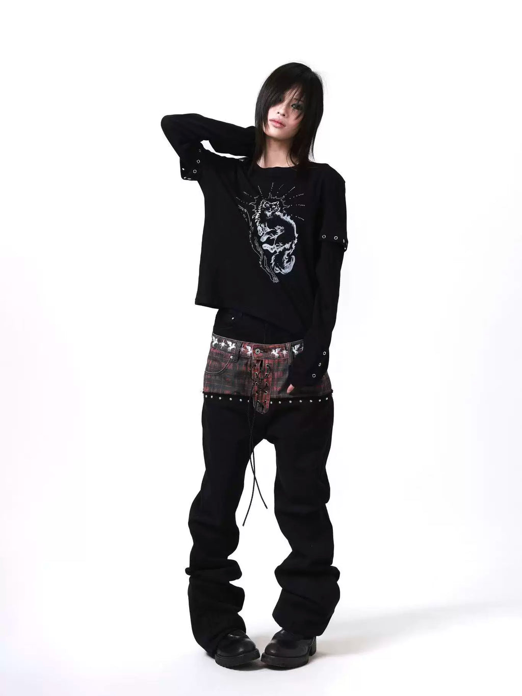 DETW Fake Two Pieces Micro-elastic Thin Metal Embellished Long Sleeves