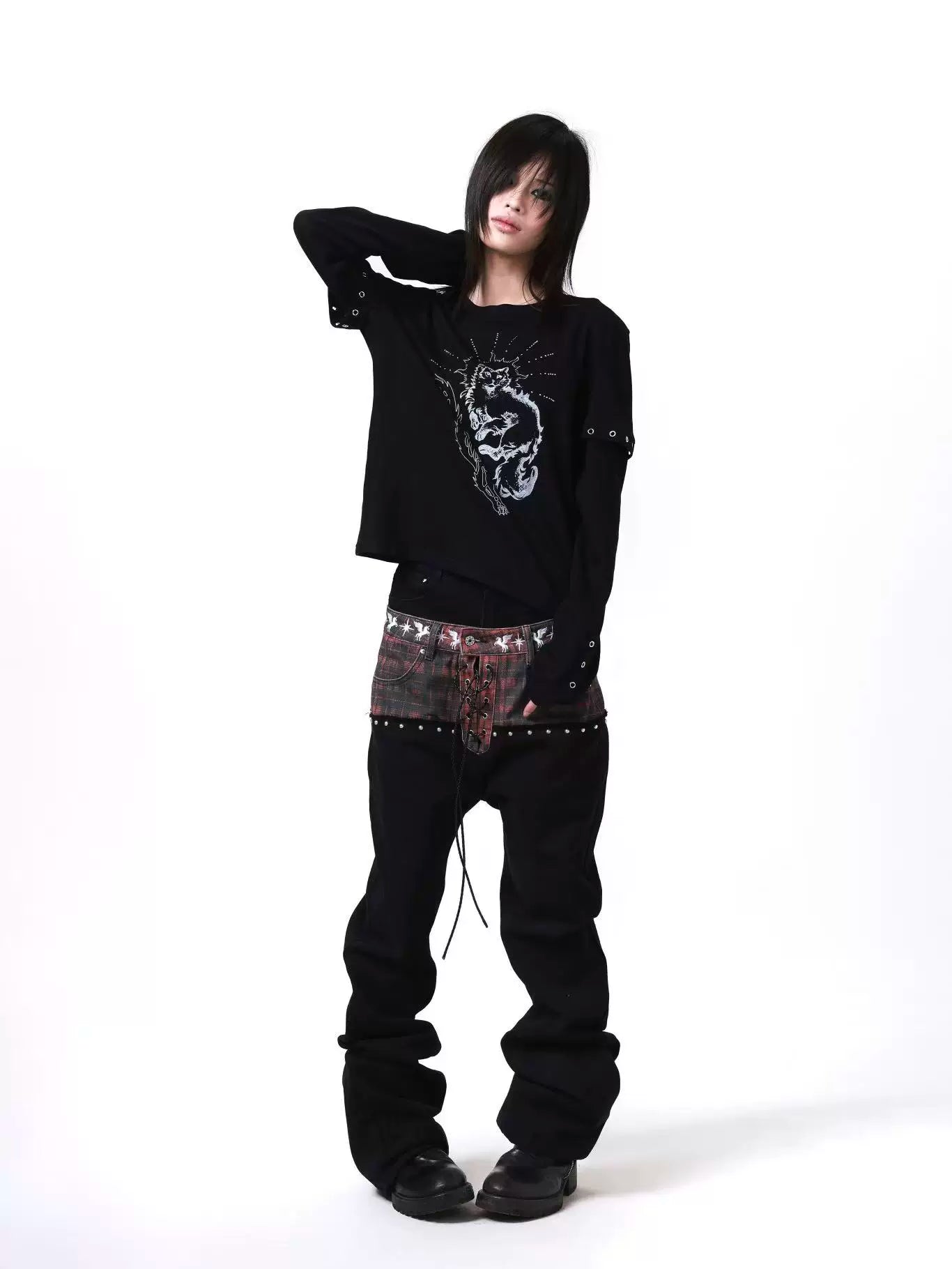 DETW Fake Two Pieces Micro-elastic Thin Metal Embellished Long Sleeves