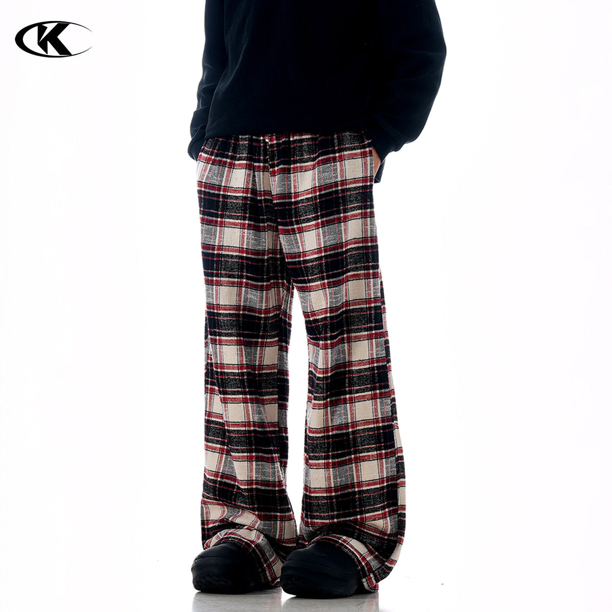 11KN Color-blocked Red Checkered Drawstring Straight-leg Slacks