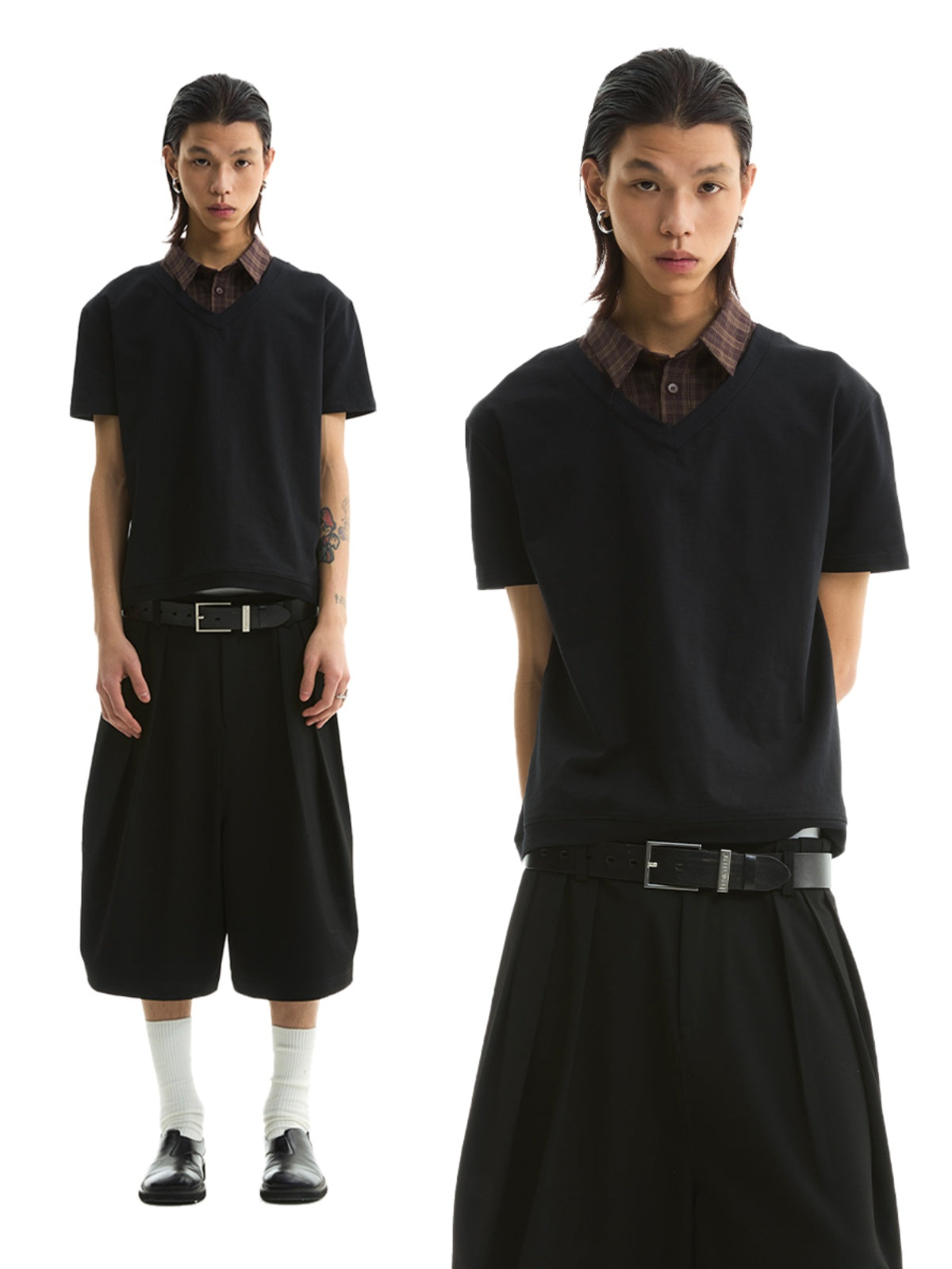 FUNKYFUN Splicing Plaid Shirt Lapel Fake Two-piece Tee