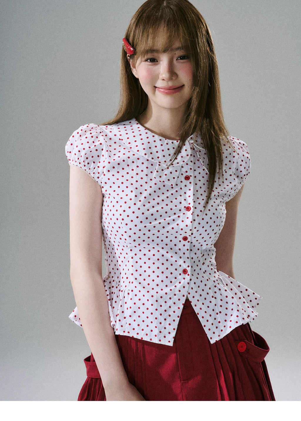 LOST FOREST Asymmetrical Lotus Leaf Polka Dot Shirt Tee