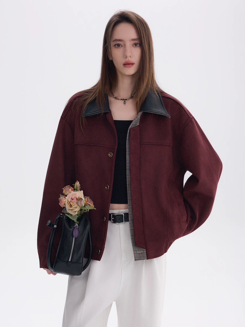 CHOR Color Matching Leather Collar Suede Lapel Jacket