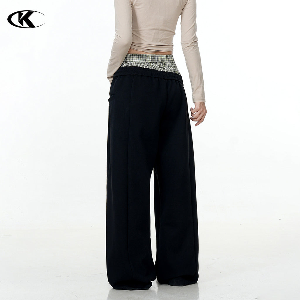 11KN double waist splicing black casual pants