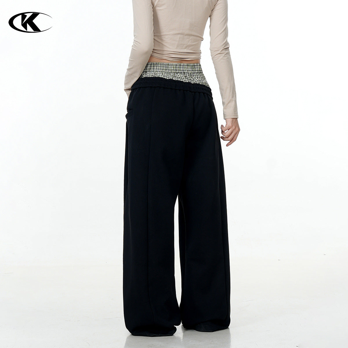 11KN double waist splicing black casual pants