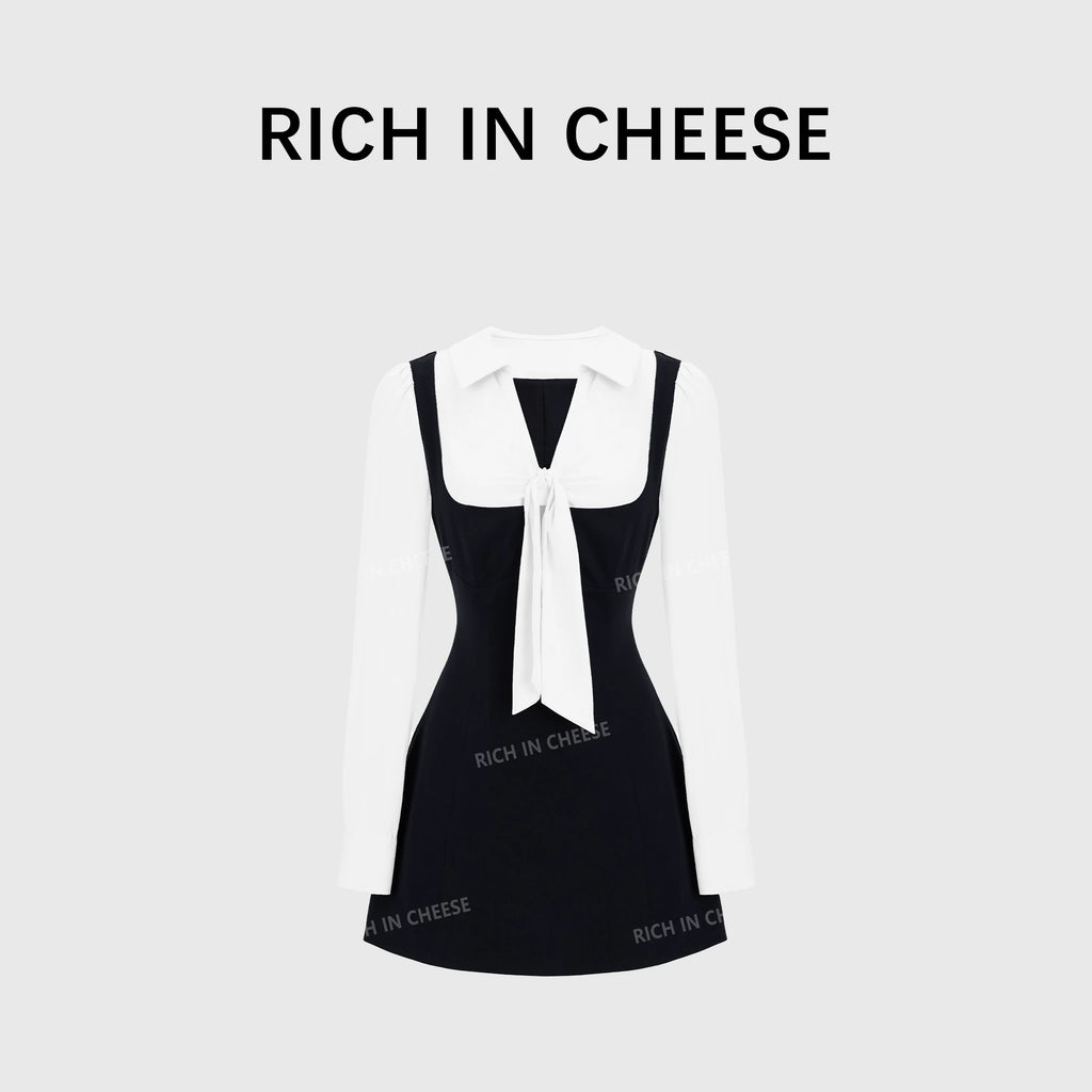 RICH IN CHEESE ACADEMY COLOR CONTRACT Splicing Bow Waist Dress