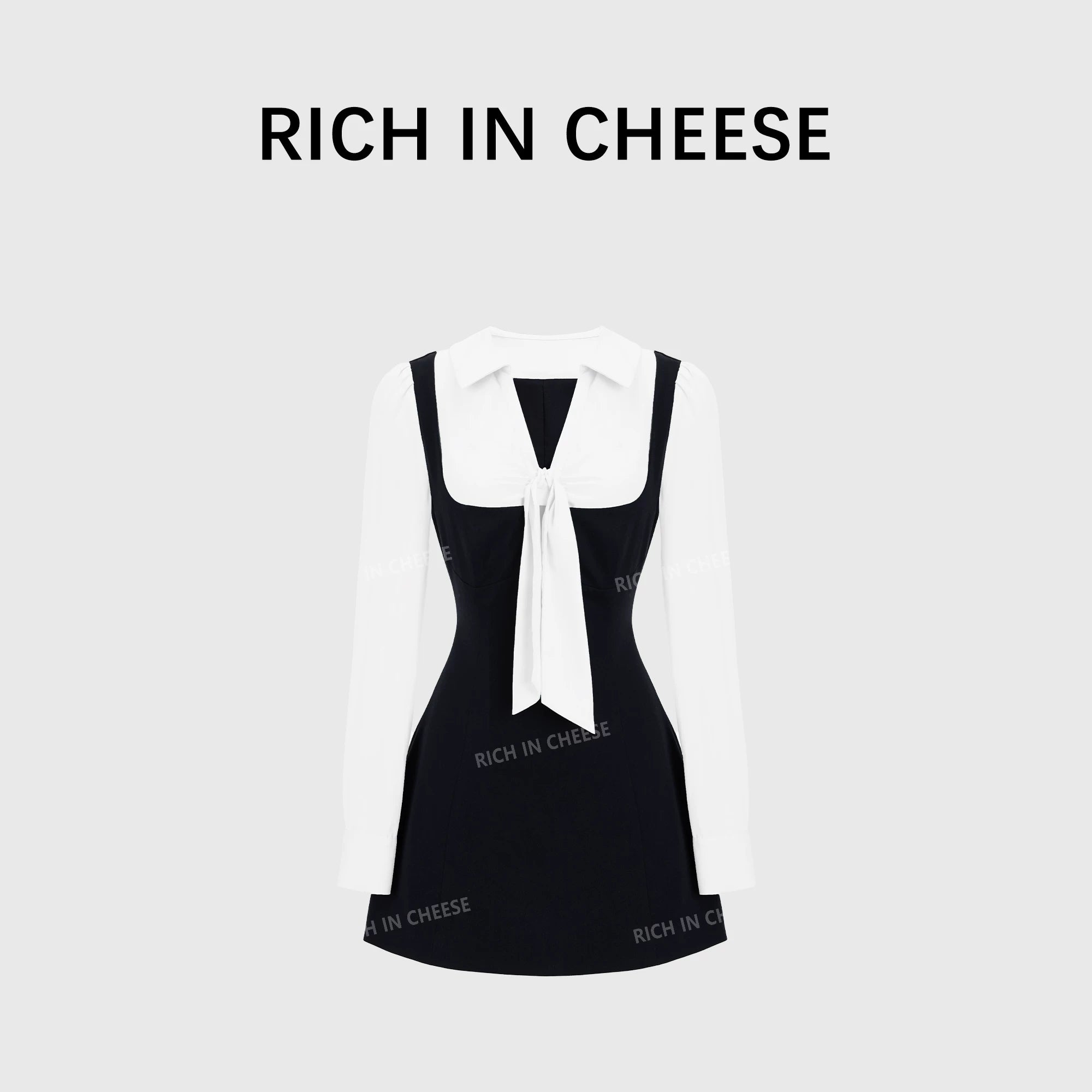RICH IN CHEESE ACADEMY COLOR CONTRACT Splicing Bow Waist Dress