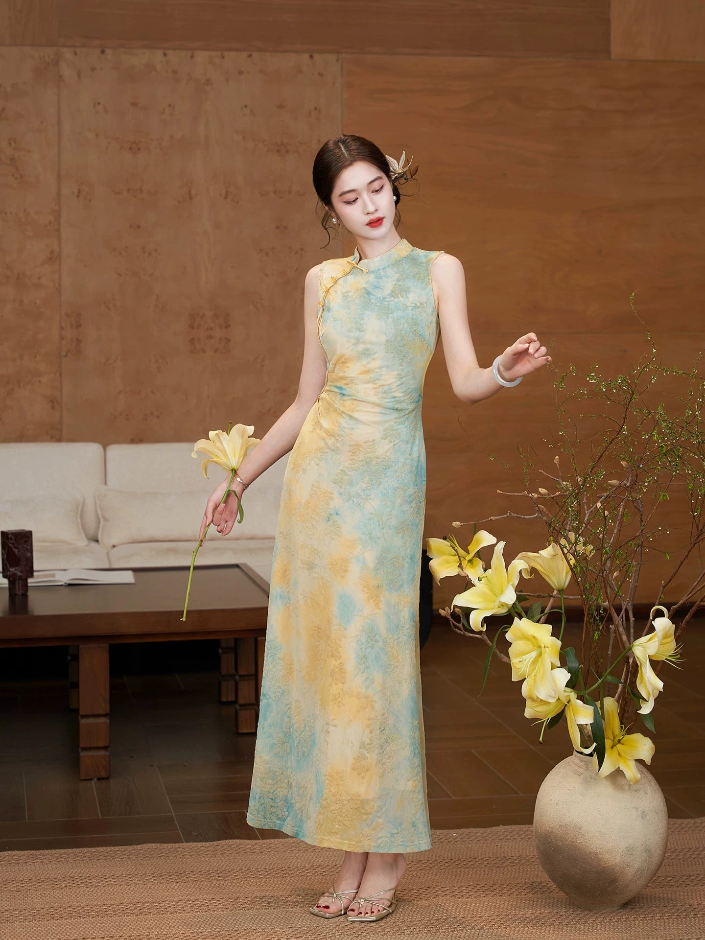 ZIHE Smudged Stretch Cheongsam Slim Sleeveless Dress