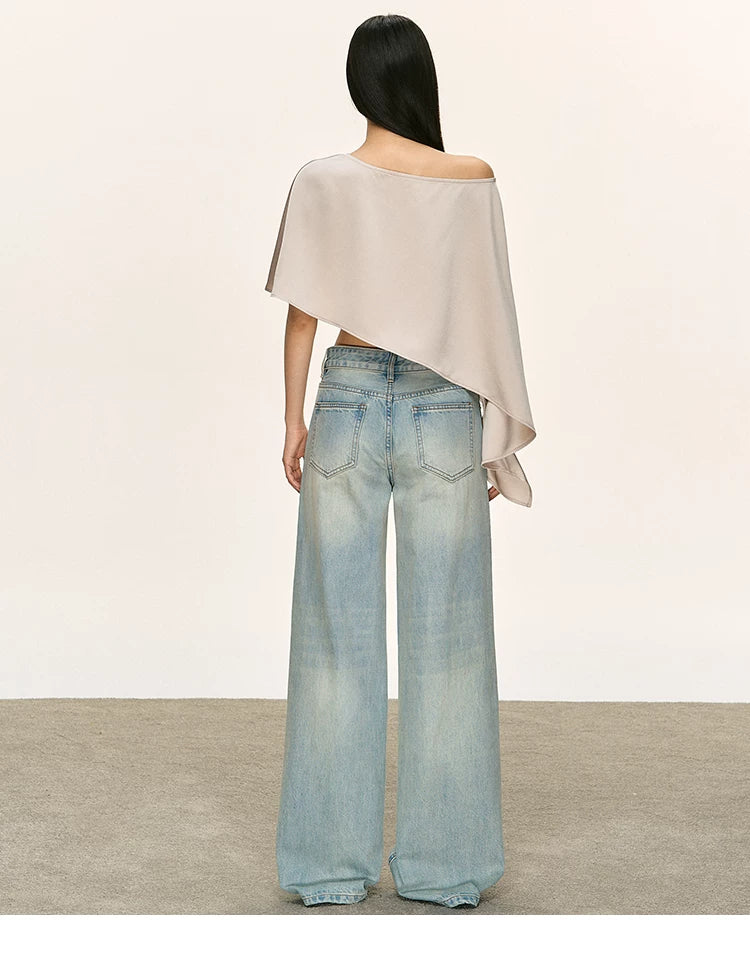 Anna Aneae Satin Slanted Shoulder Slim One-word Collar Short Tee