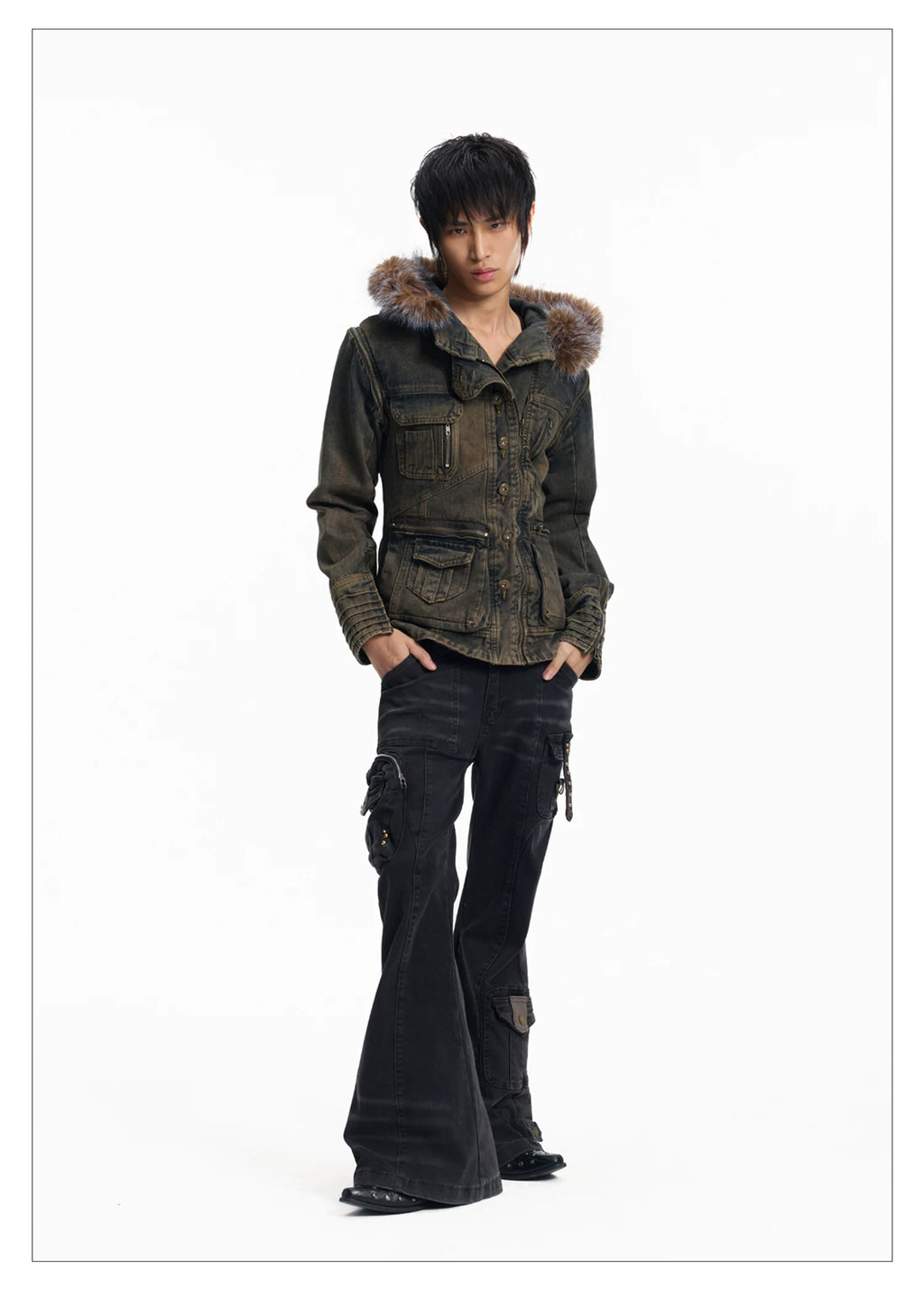 Lightinus Removable Sleeve Fur Collar Two Wear Strap Waist Denim Jacket