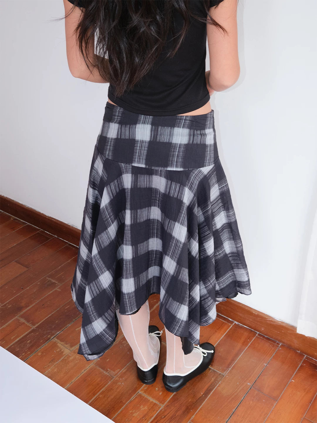 FUNKYFUN Plaid Irregular Hem Mid-length Skirt