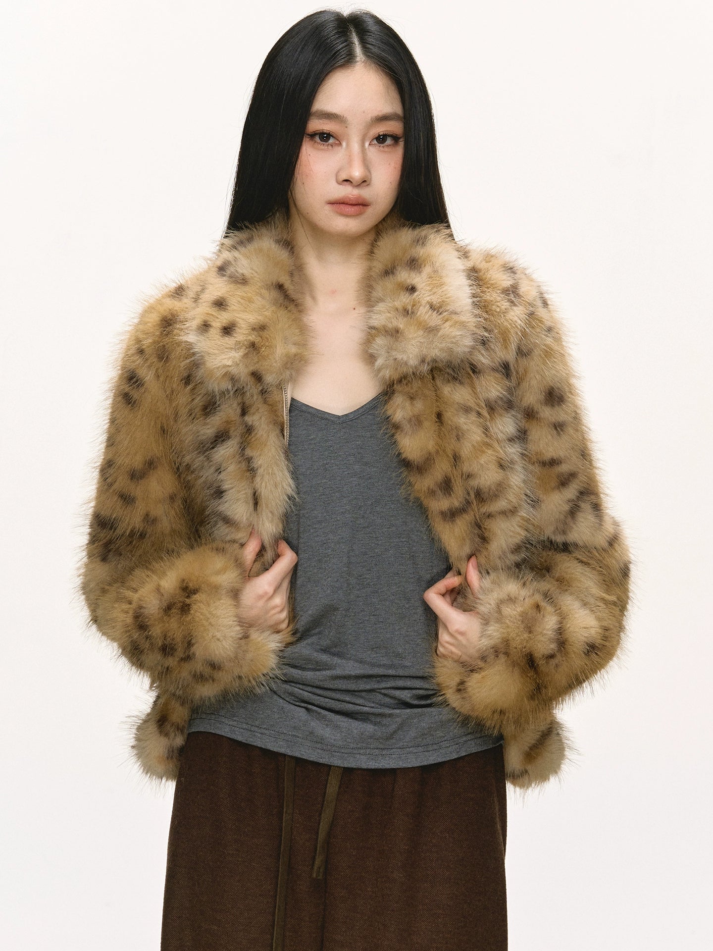 Anna Aneae Leopard Print Premium Lapel Thickened Short Fluffy Jacket