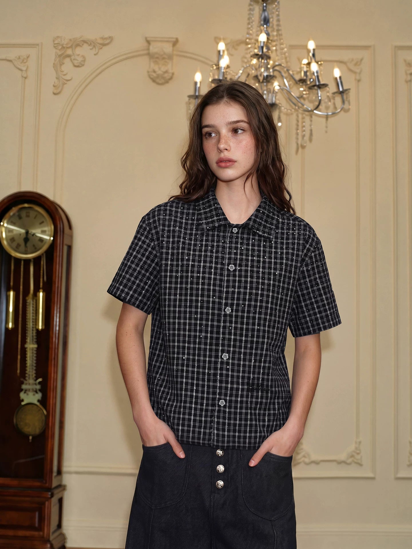 YADcrew Vintage Plaid Full Diamond Loose Short Sleeve Shirt
