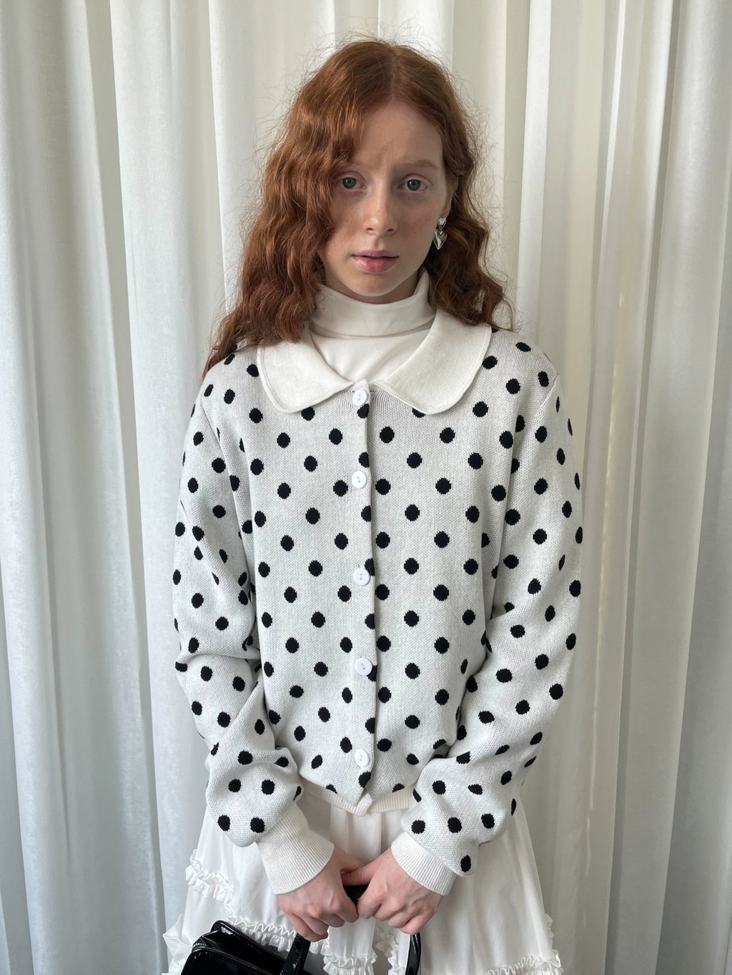 Loosesmell Polka Dot Doll Collar Long Sleeve Knitted Cardigan