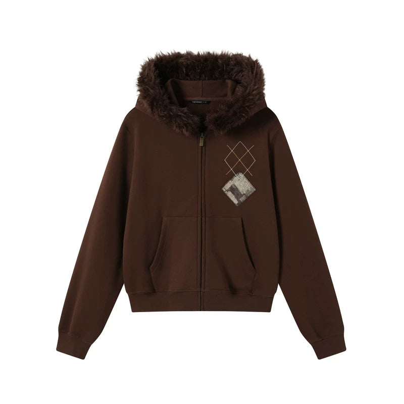 TGNS Hooded Removable Fur Collar Patch Embroidered Jacket