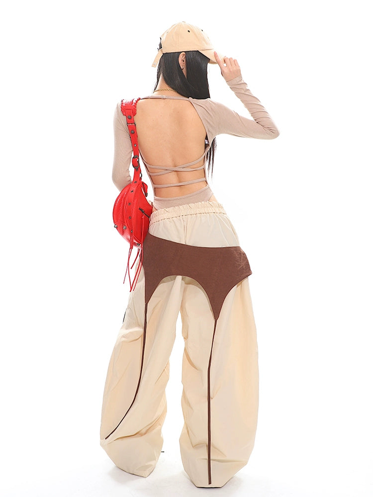 UNCMHISEX Loose Tooling Fake Two-Piece Charge Wide Leg Pants