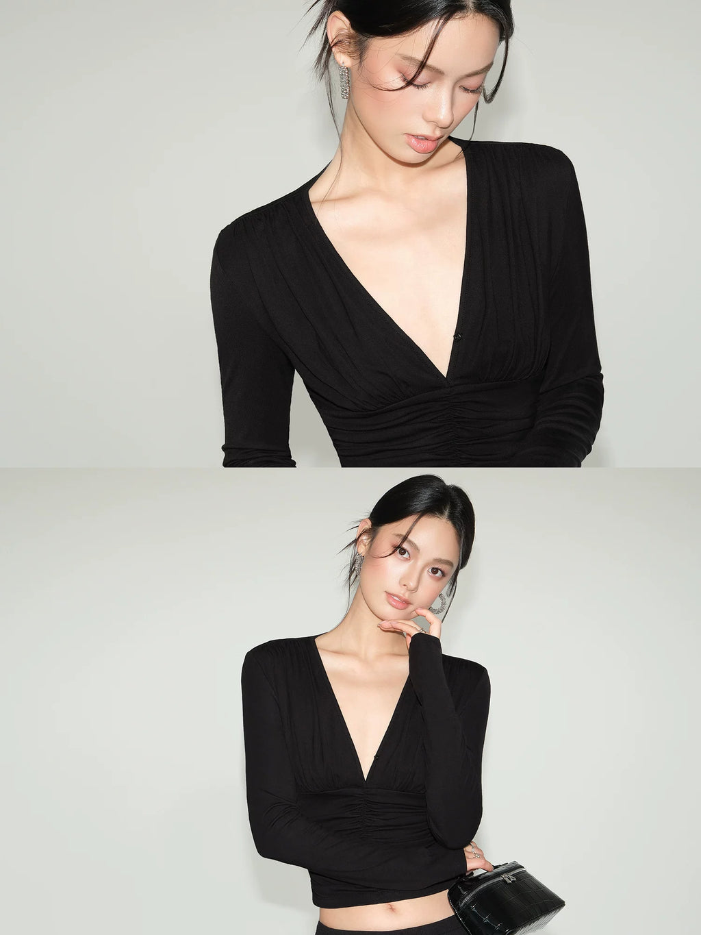 NEVA HU Slim Fit V-Neck Pleated Waist Long Sleeve