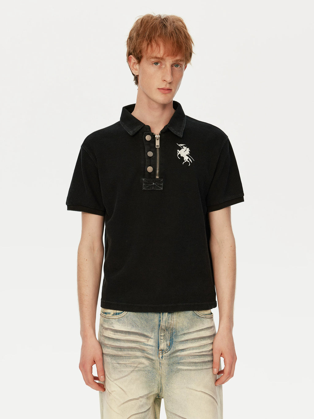 MADWITCH Vintage Embroidered Waffle Polo Collar Long Sleeve