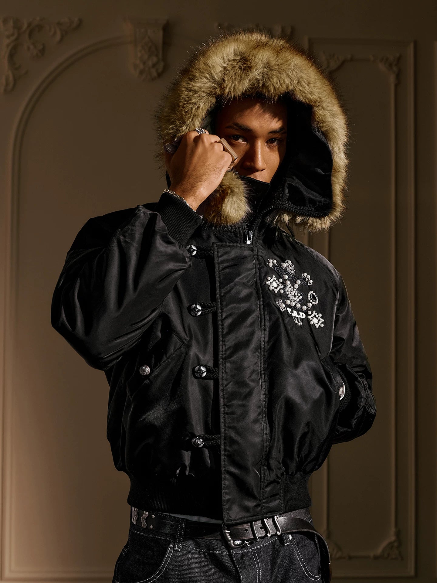 YADcrew gem fur bomber cotton-padded jacket