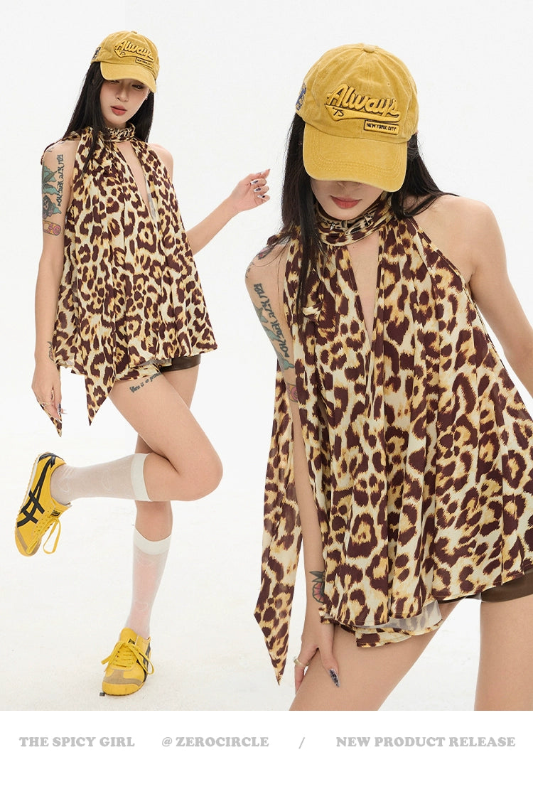 Zero Leopard Print Neck Spice Girl Chiffon Sleeveless Top