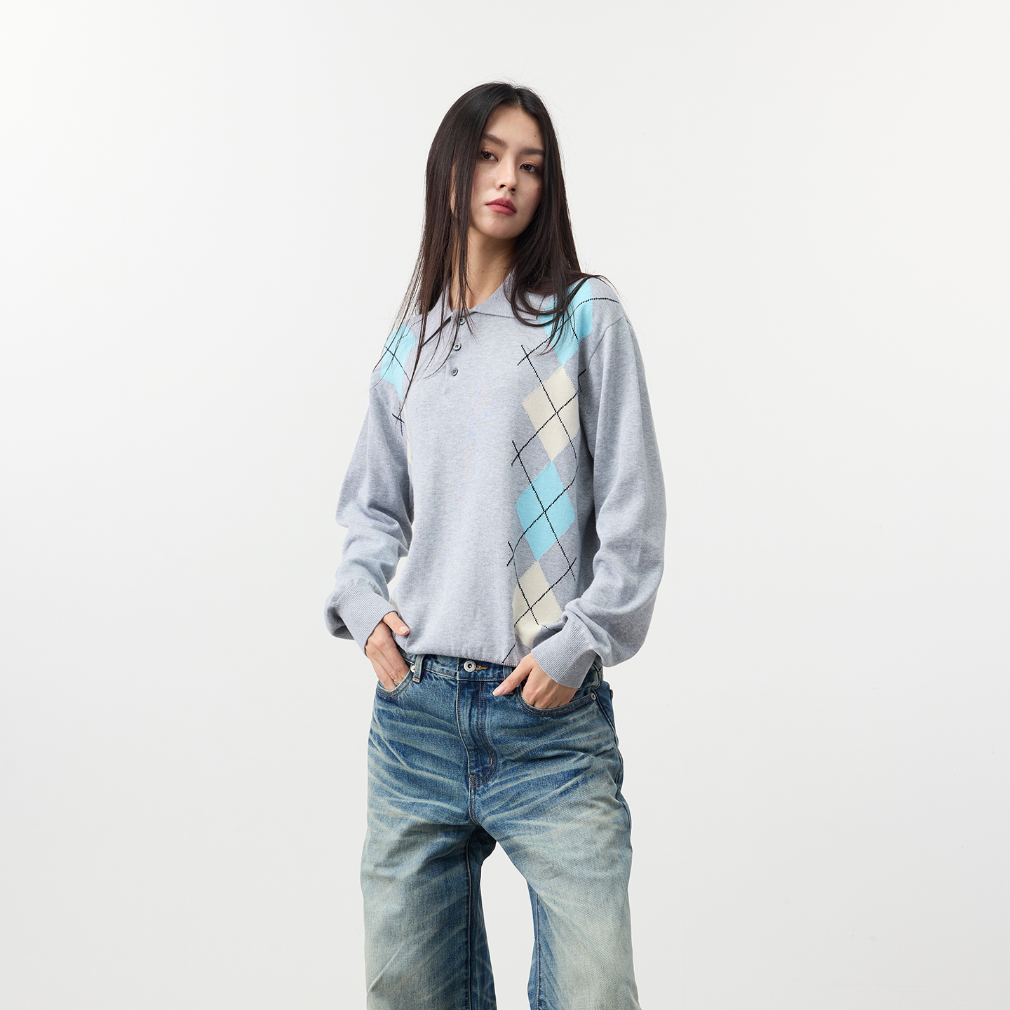 Set for life Jacquard contrasting knitted Polo soft sweater