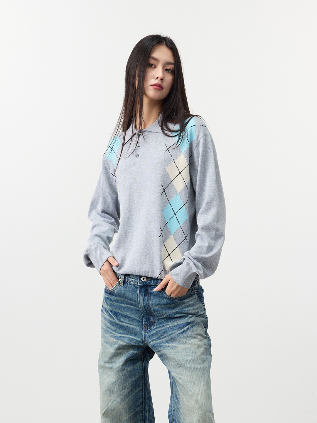 Set for life Jacquard contrasting knitted Polo soft sweater