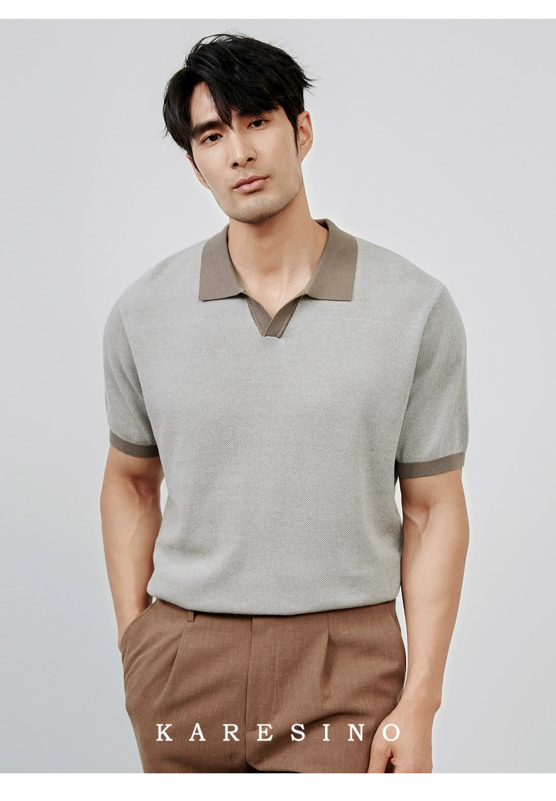 KARESINO Breathable Cotton Lapel-neck Knitted Polo Shirt