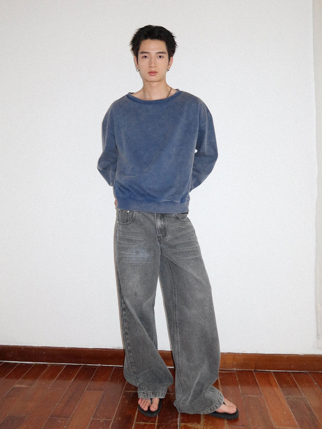 FUNKYFUN Loose Boat Collar Drop Shoulder Pullover Sweater