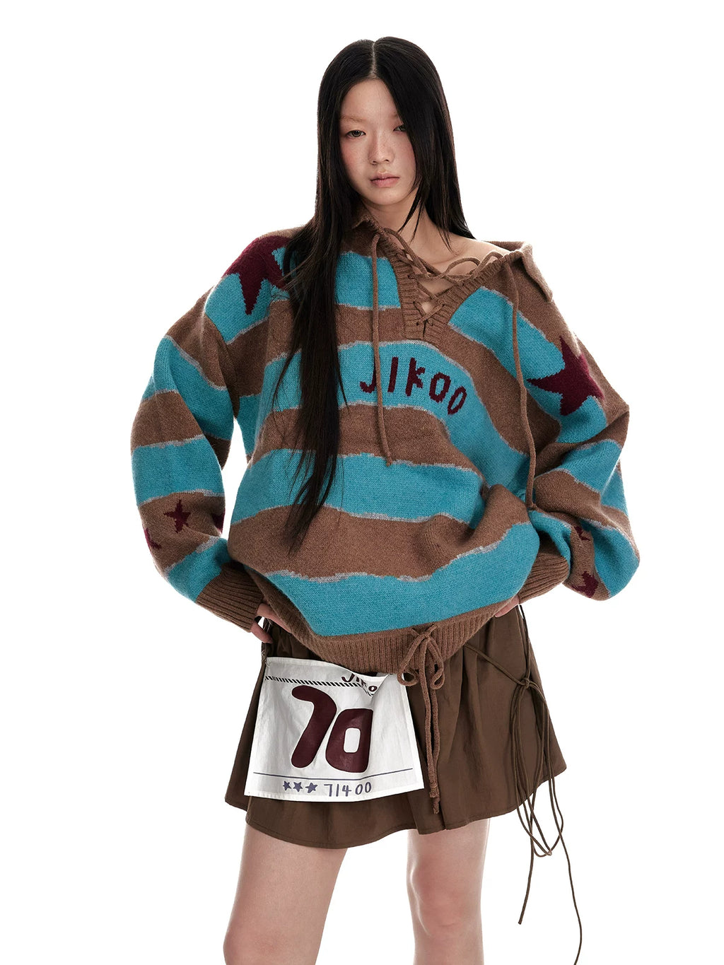 Jikoo Contrasting Color Splicing Jacquard Loose Striped Sweater