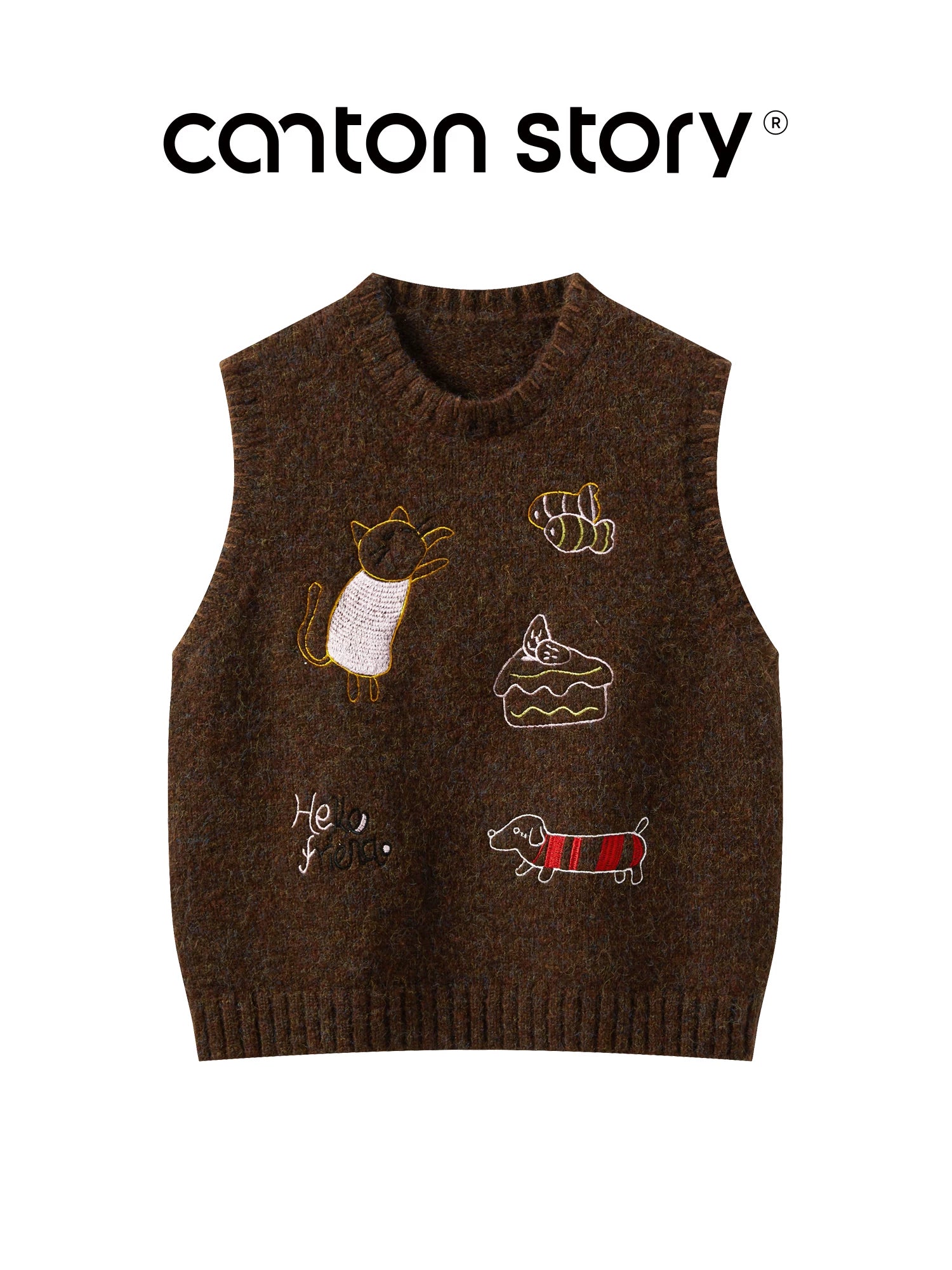 CantonStory Vintage Cartoon Embroidered Knitted Vest