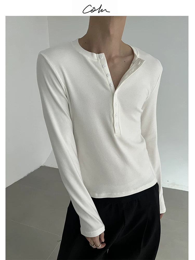 COLN Casual Henry Collar Bottom Long Sleeve