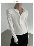 COLN Casual Henry Collar Bottom Long Sleeve