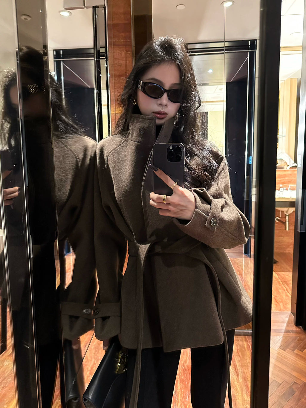 CHUYUQI Extravagant Woolen Belt Shorts Jacket