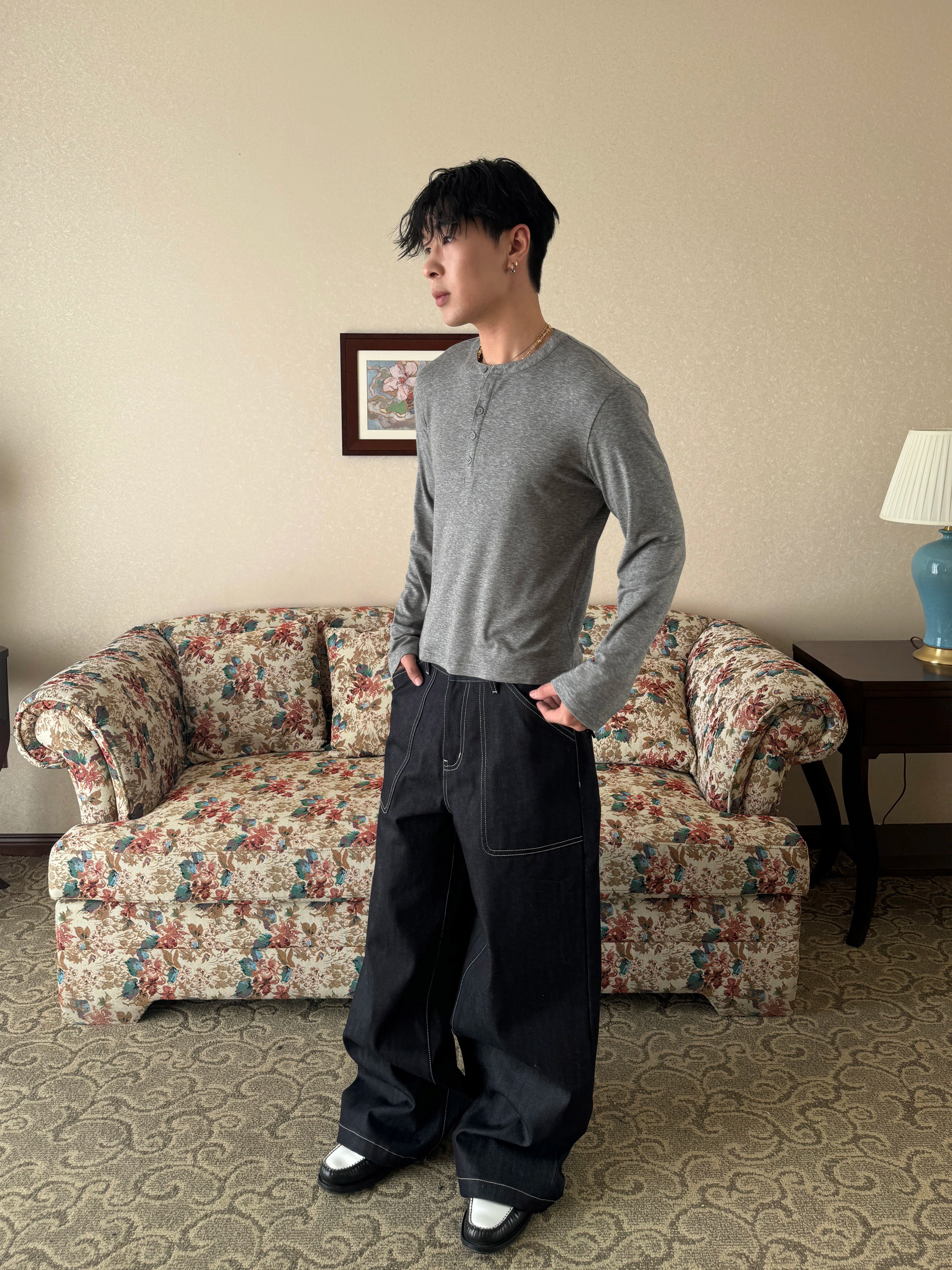 InsGale Slim Short Front Shoulder Henry Neck Long Sleeves