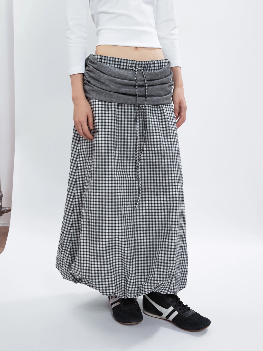 FUNKYFUN Splicing Pleated Plaid Pendulum Middle Skirt Bud Skirt