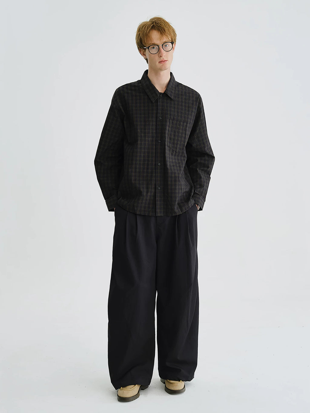 LIVINGTOWN Vintage Dark Check Loose Long-sleeved Shirt