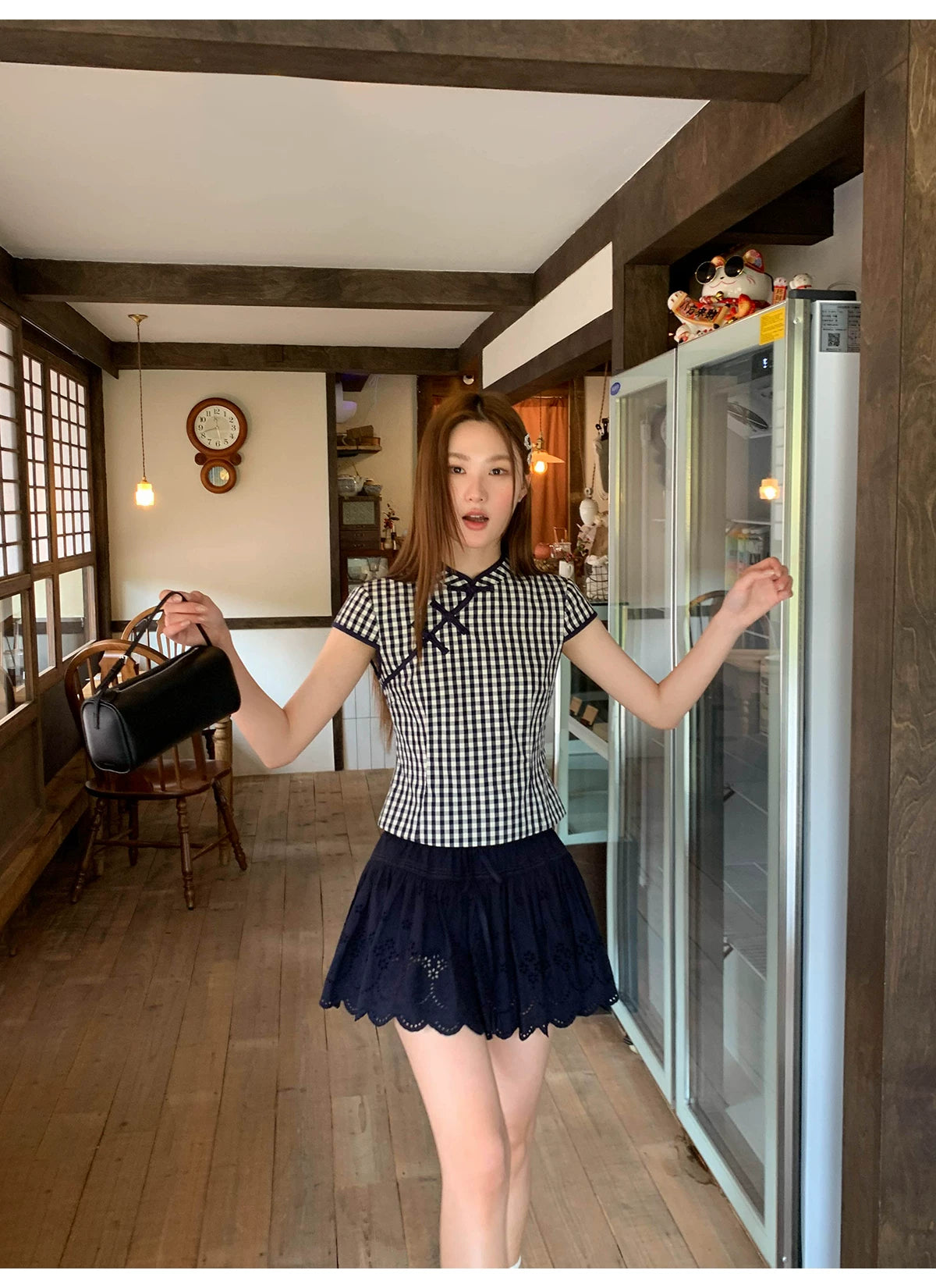 KANO Stand-up Collar Plaid Casual Tee