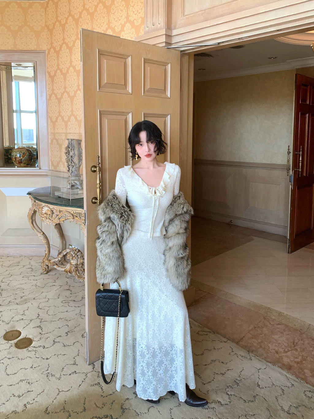 KELIFAN Vintage V-neck Lace Top Skirt Set