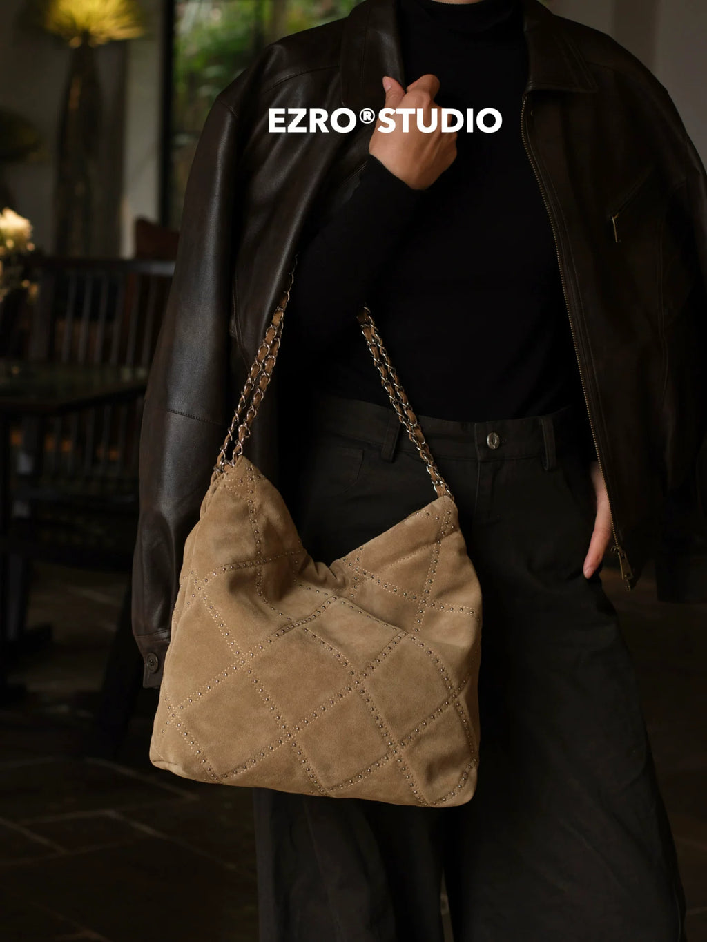 EZRO Rivet Matte Suede Shoulder Tote Bag