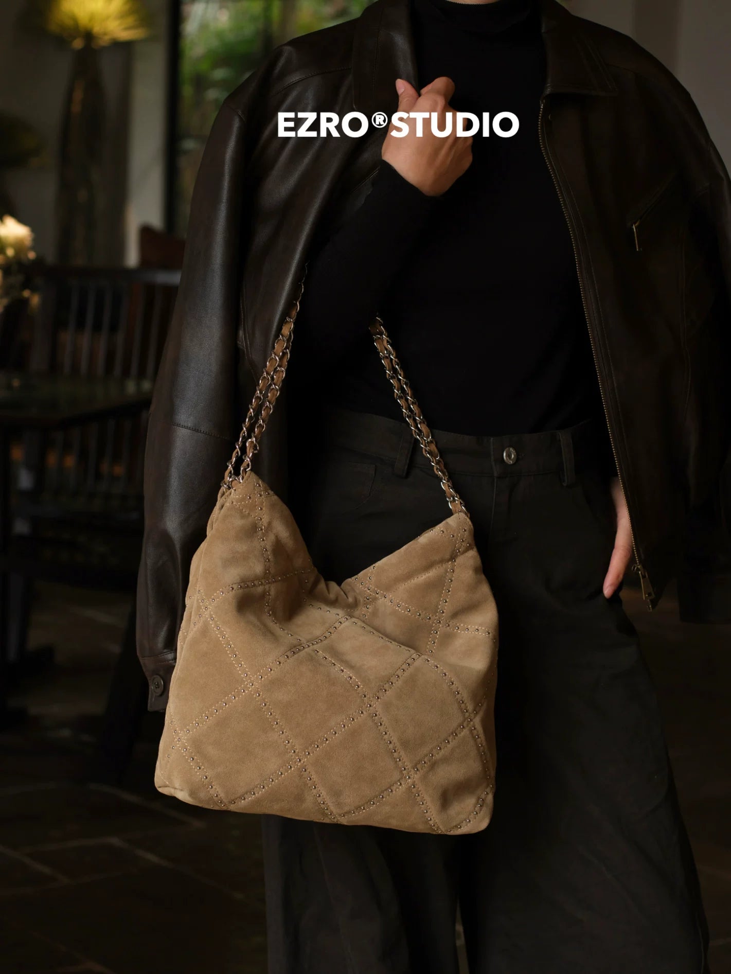EZRO Rivet Matte Suede Shoulder Tote Bag